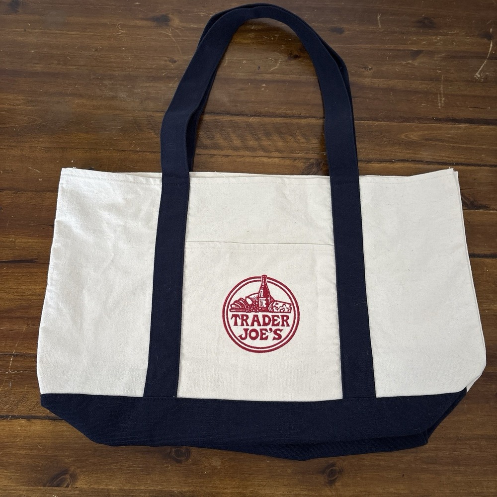 Trader Joe's Canvas Tote Shopping Bag Large Classic Beige & Navy Blue EUC